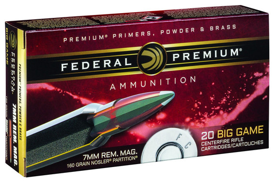 Federal Premium, 7MM REM MAG, 160 Grain, Nosler Partition, 20 Rds, Nickel-Plated Brass - 029465084516 