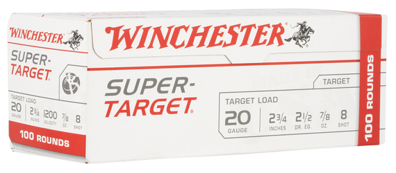 Winchester Super-Target, 20 Gauge, 2.75" Length, 7/8 oz #8 Shot, 100 Rounds - 020892019324 