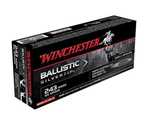 Winchester Ballistic Silvertip, 243 WSSM, 95gr, Rapid Controlled Expansion Polymer Tip, 20 Rounds, Nickel Plated Brass Case - 020892214040 