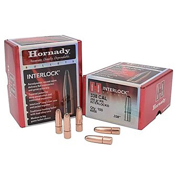 Hornady InterLock 338 Caliber 250gr Round Nose, 100/Box - 090255233308 