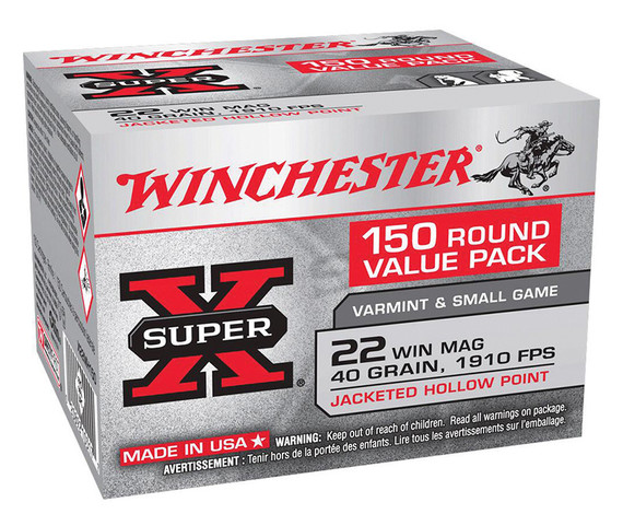 Winchester Super-X 22 Win Mag, 40 Grain, Jacketed Hollow Point, 150 Rounds - 020892103177 