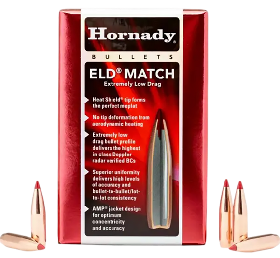 Hornady ELD Match 25 Cal .257 134 gr Extremely Low Drag-Match, Heat Shield Tip, 100 Per Box - 090255225617 