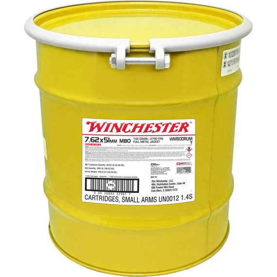 Winchester USA Lake City M80 Rifle Ammunition, 7.62x51mm, 149 gr FMJ, 7,500 Rds, Brass - 020892229600 