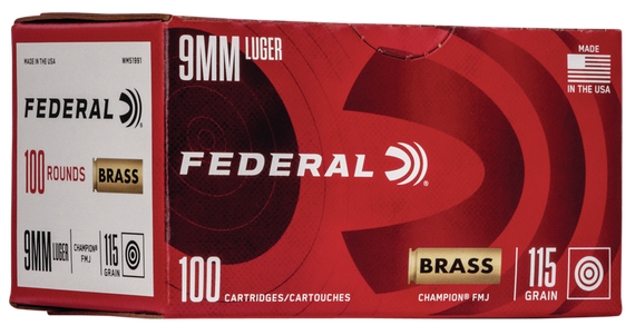 Federal Champion Training, 9MM Luger, 115 Grain FMJ, 100 Rounds - 029465063238 