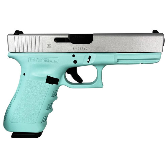 Glock G17 Gen 3, 9MM, 4.49" Barrel, 17 Rds, Robin's Egg Blue Frame Crushed Silver Slide - 688099402303 