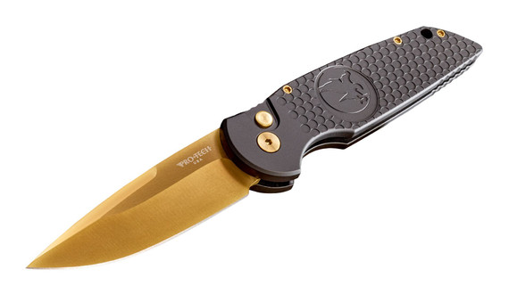 Pro-Tech TR-3 Nighthawk Custom Knife, Black, Magnacut TiN Gold Blade, Anodized Aluminum Handle, Black Lip Pearl Release - K211BG 