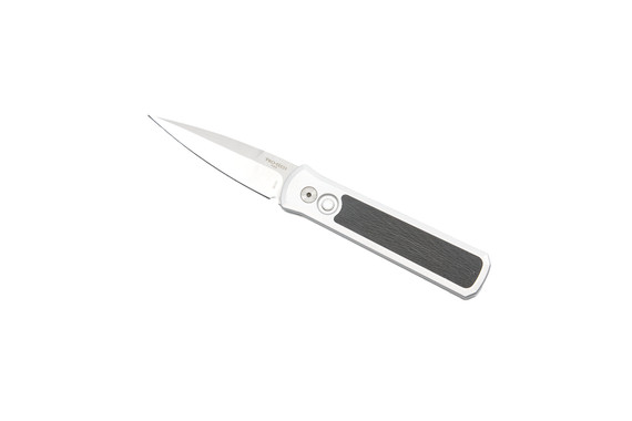 Pro-Tech Godson, Silver Aluminum Handle with Crosscut Carbon Fiber Inlay, Satin 20CV Blade - 7210SILVERCROSSCUT20CV 