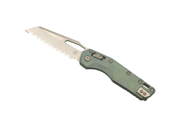 Microtech MSI RAM-LOK, Full Serrated, Marfione Select, Bronzed Stonewash Blade, Antique Green Titanium Handle with Bronze Accents - 841768192480 