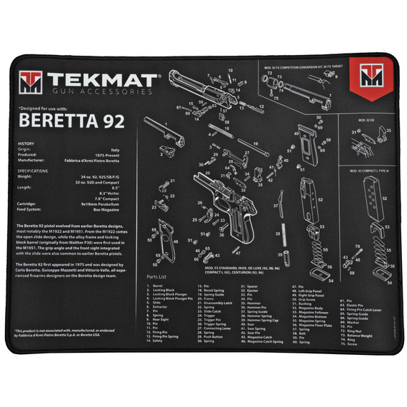 TekMat Beretta 92 Ultra Premium Gun Cleaning Mat, Includes Small Microfiber TekTowel, Black - 612409971265 