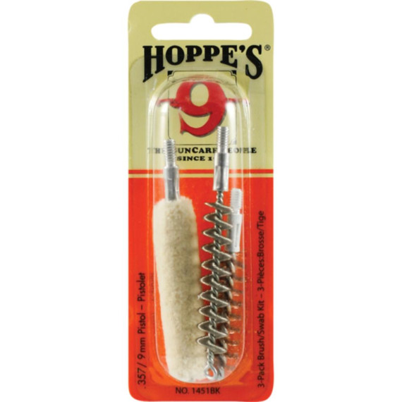 Hoppe's 3-Pack Brush/Swab Kit .357/9mm, Cleaning Swab, Tornado Brush, Phosphor Bronze Brush - 026285517712 