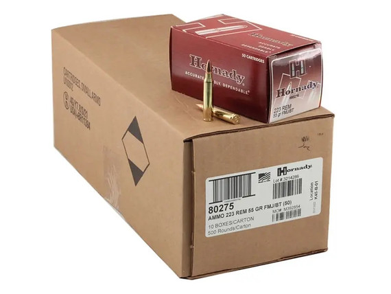 Hornady Custom, 223 REM, 55 Grain, FMJBT, 3240 FPS, 500 Rounds - HORNCSTM223500 