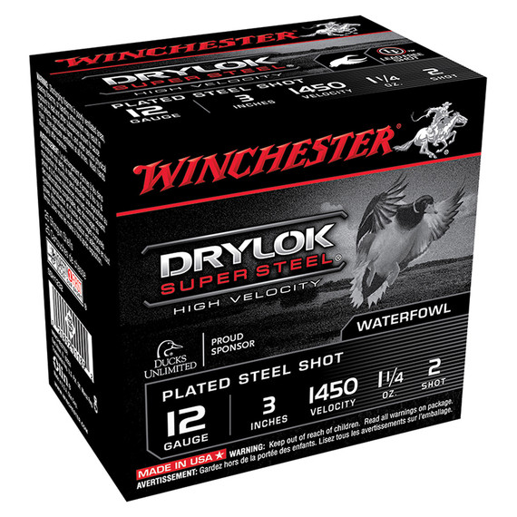 Winchester Drylok 12Ga 3" 1-1/4oz LF HVP #2, Plated Steel Shot, 25/box - 020892011892 