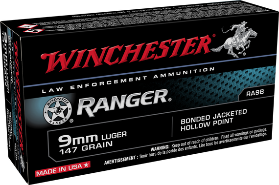 Winchester Ranger 9mm Luger, 147 Grain, Bonded Jacketed Hollow Point - 020892214736 