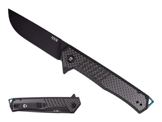Tekto F1 Alpha, 3.10" Blade, D2 Steel, Carbon Fiber Handle, Black/Blue - 850034486710 
