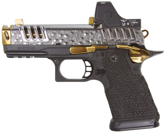 Tee Gun Vault Custom Staccato HD C4X Premium w/ Trijicon RMR HD, Integrated Comp + Inline Ports, Custom "Skulls Engraving", 9MM, 4.00" Barrel, 15 RDs, Silver/Gold - 122360089706 
