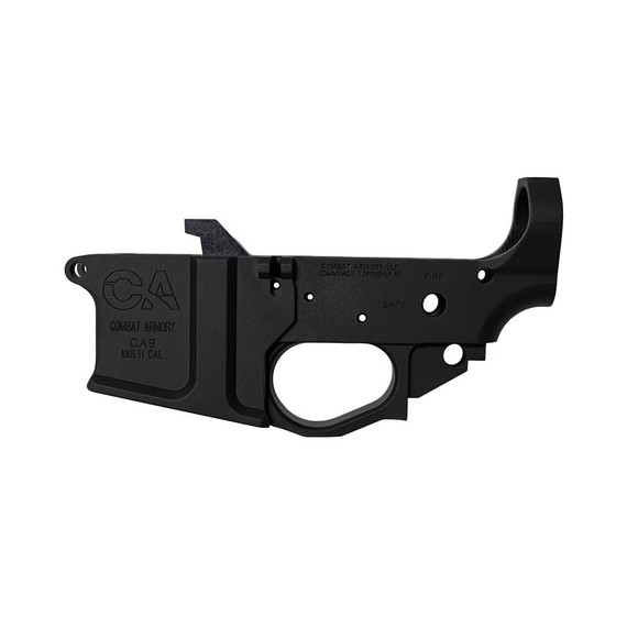 Combat Armory Billet AR-9 Lower Receiver, Receiver, Stripped with Mag Release and Ejector, Black - 789091896654 