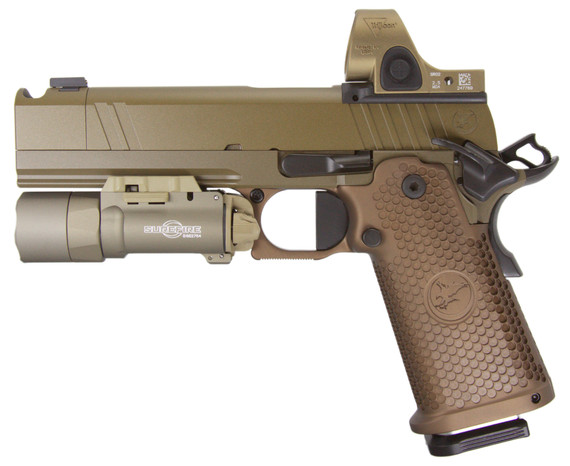 Nighthawk Custom Sandhawk Comp w/ Trijicon SRO 2.5 MOA Red Dot, 9MM, 5.00" Compensated Barrel, 17 RDs, Bronze/FDE - 144506512084 