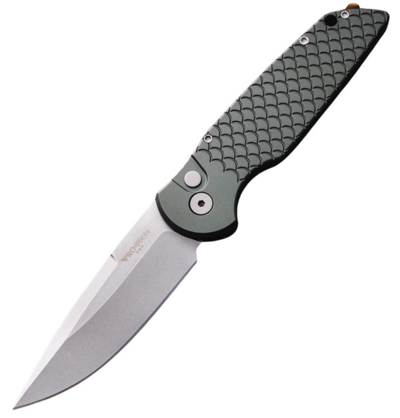 Pro-Tech TR-3 X1 Tactical Response 3, 3.5" Stonewash Spear Point Blade, 6061 Aluminum Fish Scale Green Handle - 130458631256 