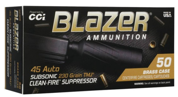 CCI Blazer Clean-Fire Suppressor, .45 ACP 230 Grain TMJ, Subsonic, 50 RDs, Brass Case - 604544707861 