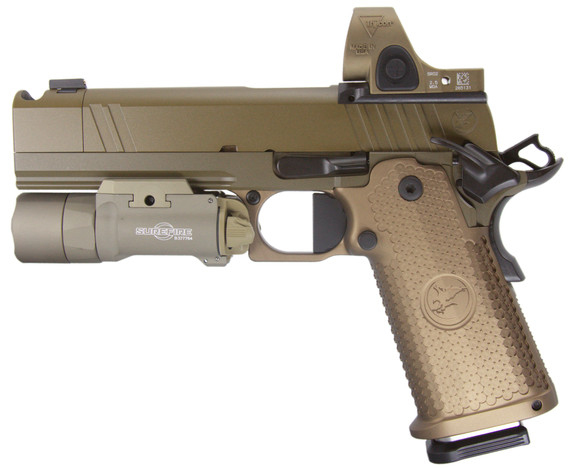 Nighthawk Custom Sandhawk Comp w/ Trijicon SRO & SureFire X300 Turbo, 9MM, 5.00" Compensated Barrel, 17 RDs, Aggressive Grip, Tan Cerakote - 158417240158 
