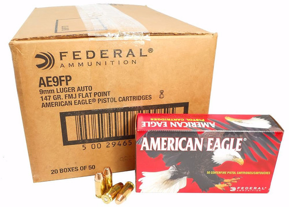 Federal American Eagle AE9FP, 9mm Luger, 147 Gr FMJ Flat Point, 1,000 Rds - 161689729566 