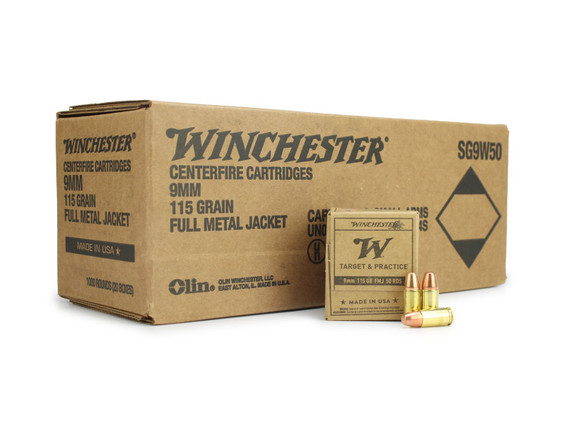 Winchester, 9mm Luger, 115 Grain, FMJ, 1,200 FPS, 1000 Rds - WIN9MM1151000 
