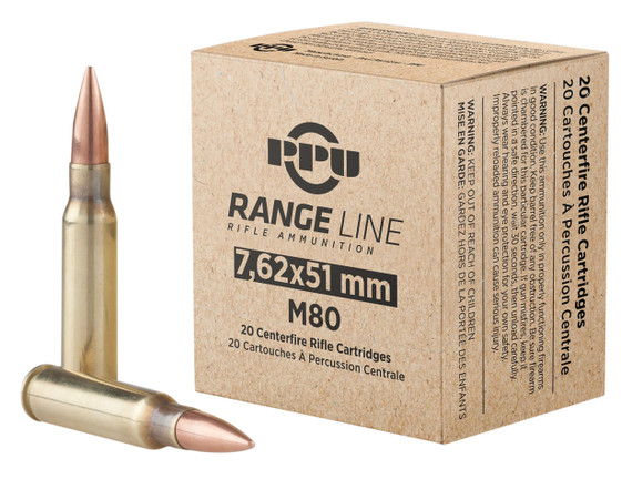 PPU Range Line PPR751, 7.62 NATO, 145gr FMJ Boat Tail, 20 Rds, Brass 