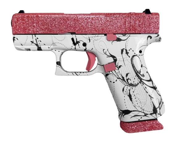 Glock 43X, 9mm, 3.41" Barrel, 15 RDs, Serrated Slide, White Scroll/Pink Glitter Cerakote 