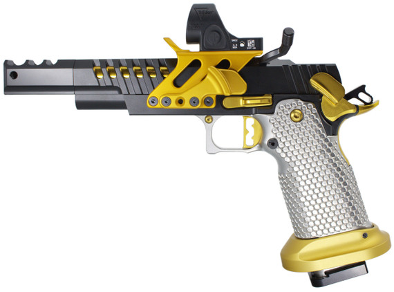 MasterPiece Arms DS9 Open w/ Trijicon SRO 2.5 MOA, 9MM, 5.00" Ported & Compensated Barrel, 20 Rds, Silver/Gold/Black 
