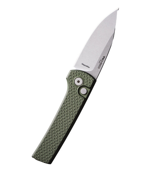 Pro-Tech Scapegoat Compact Auto, MagnaMax Stonewash Clip Point Blade, Carbide Textured Aluminum Handle, Blasted Hardware, Blasted Deep Carry Clip, Green 