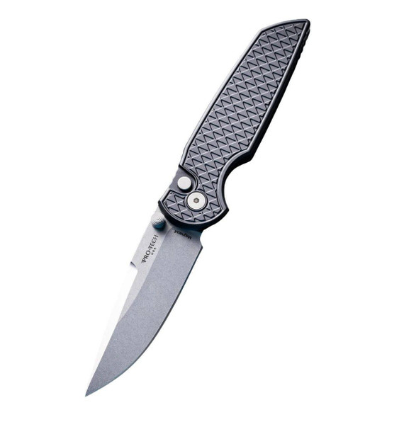 Pro-Tech TR-3 Integrity Thumbstud Manual, 3.5" Stonewash MagnaCut Blade, Relic Textured Aluminum Handle, Wide Deep Carry Clip, Black 