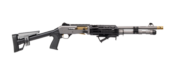 Panzer Arms M4 Pro AI Tactical, 12 Gauge, 18.50" Ported Barrel, 5 RDs, Disruptive Grey/Gold Titanium, Gray With Gold Titanium Accents 