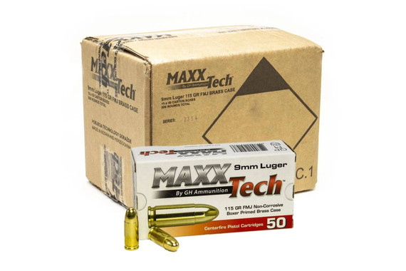MaxxTech 9mm 115 Grain FMJ, 500 Rounds, Brass Case 