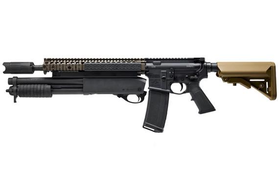 Daniel Defense TYR M4A1 RIS III / II, 5.56, 14.5" Daniel Defense Barrel, 12 Gauge KTMS 12 Underbarrel Shotgun, AAC 51T Muzzle Device, AAC Rebar Cutter Muzzle Attachment, B5 SOPMOD Stock, Black / Tan 