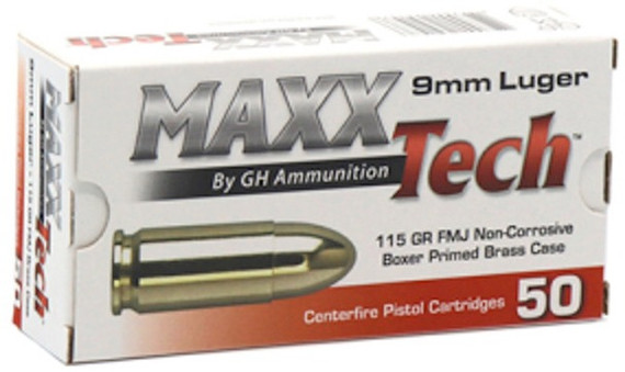 MaxxTech 9mm Luger, 115 Grain FMJ, Brass Case, 50 Rounds 