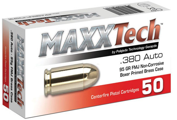 MaxxTech PTGB380B, .380 Auto, 95gr FMJ Brass Case Pistol Ammunition, 50 Rounds 