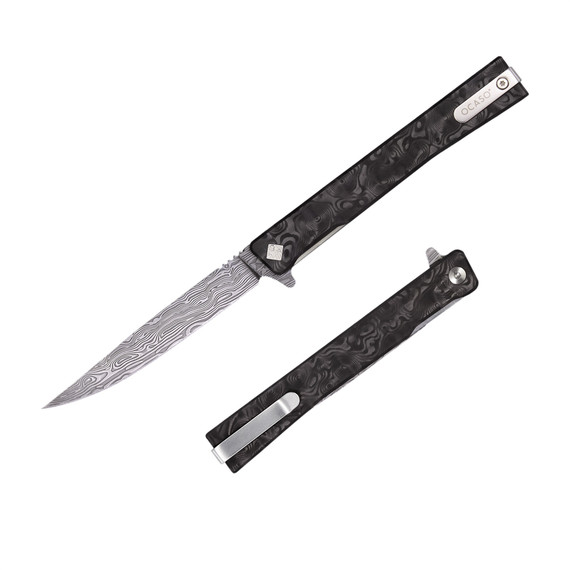 Ocaso Solstice, Damasteel DS93X Straight Back Folding Knife, Bifrost Pattern, Black 