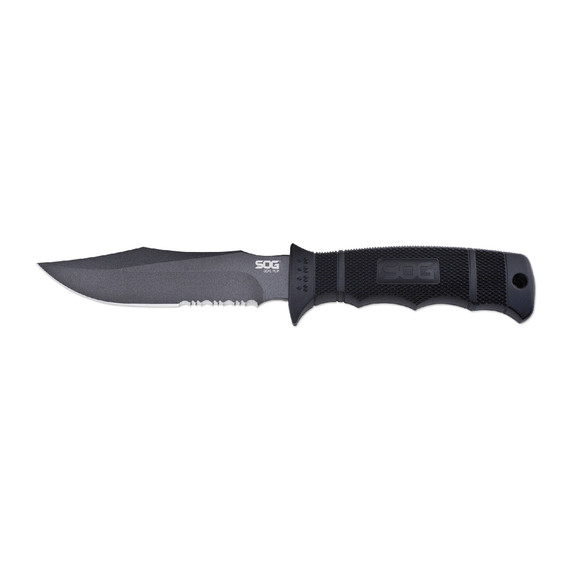 SOG Seal Pup, Fixed Blade Knife, Partially Serrated AUS-8 Clip Point, Hardcased Black 