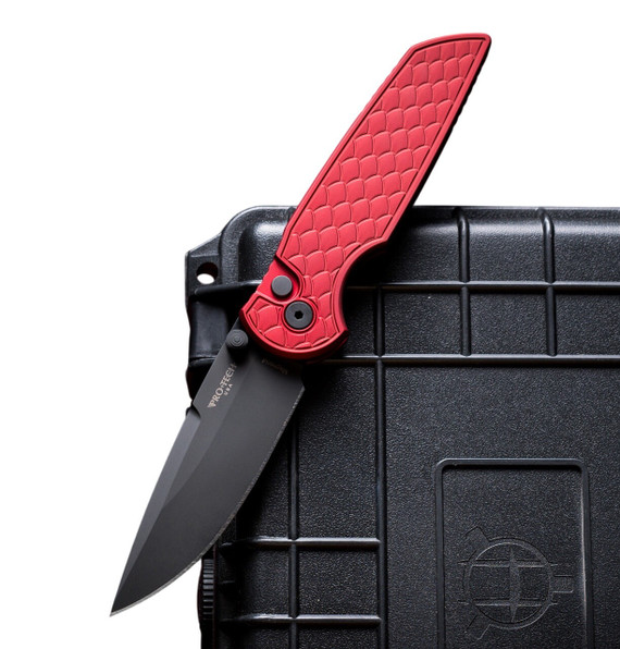 Pro-Tech TR-3 Integrity Thumbstud Manual, 3.5" DLC Black MagnaCut Blade, Red Reptile Textured Aluminum Handle, Black Hardware, Wide Deep Carry Clip 