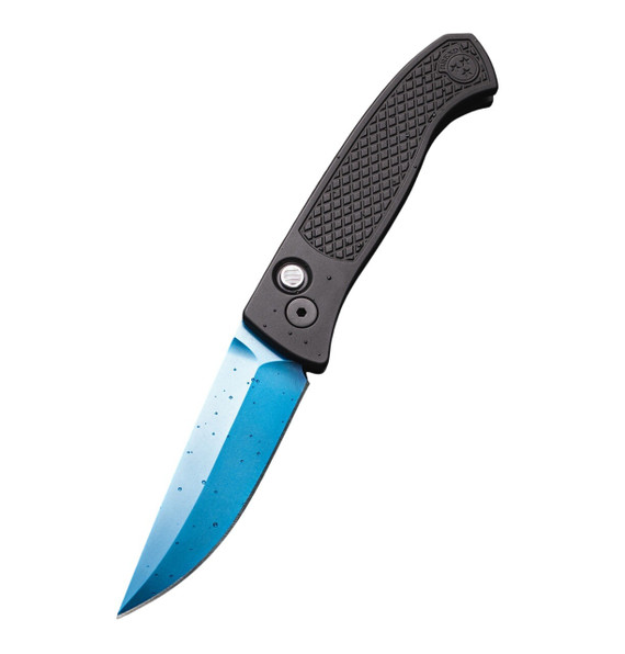 Pro-Tech Brend Classic Auto, Sapphire Blue MagnaCut Blade, Diamond Textured Aluminum Handle, Abalone Button, Black Hardware, Black Pocket Clip 