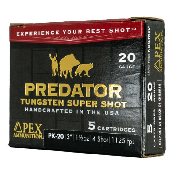 Apex Ammunition Predator Tungsten Super Shot, 20 Gauge, 3" 1-1/2 oz, #4 Shot, 5 Cartridges 