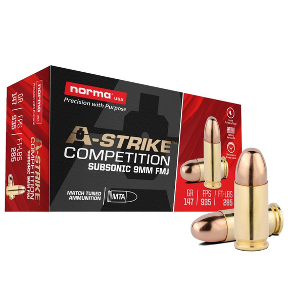 Norma A-Strike Competition Subsonic 9mm Luger 147gr FMJ Handgun Ammunition, 50 Rds 