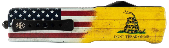 Templar Knife Premium Weighted, Small OTF Tanto, Part Serrated, Yellow "Don’t Tread On Me" Flag Handle 