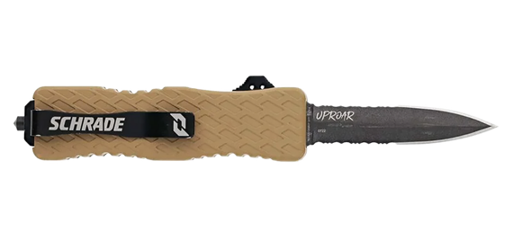 Schrade Uproar Tactical, Dual-Edge Partially Serrated D2 OTF Dagger, Flat Dark Earth Aluminum Handle, Black Oxide Blade 
