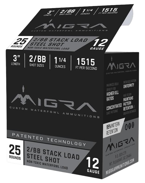 Migra Ammunition Staxd, 12 Gauge, 3" 2/BB Stack Load Steel Shot, 25 Rounds 