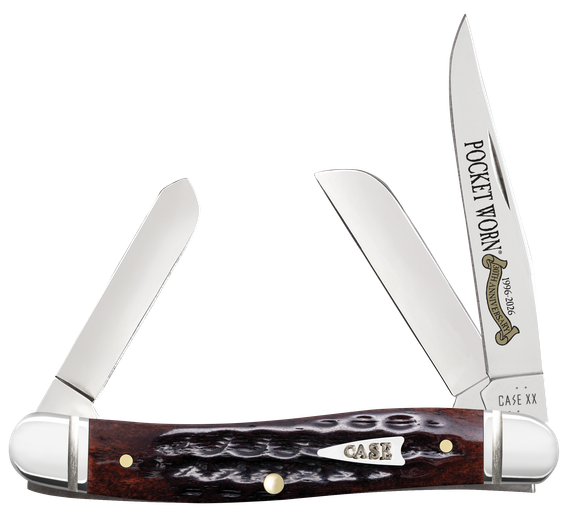 Case Pocket Worn Stockman Medium Folding Knife, Tru-Sharp Stainless Steel Blades, Mahogany Corn Cob Jigged Bone Handle 