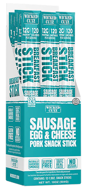 Wicked Cutz WCBR12SEC Sausage Egg & Cheese Pork Snack Sticks, 12 Pack 