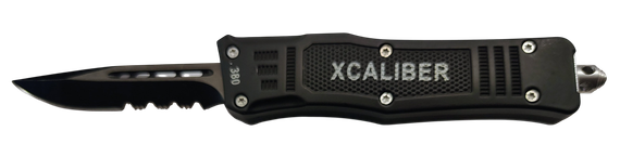 Xcaliber 380 ACP Small, OTF Part Serrated Black 440C SS Blade, 3.91" Steel Handle 