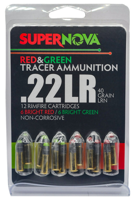 Supernova Red & Green Tracer Ammunition, .22 LR, 40 Grain LRN, 12 Rimfire Cartridges, Non-Corrosive 