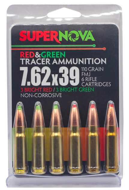 Supernova PMSN762MP Red & Green Tracer Ammunition, 7.62x39mm, 110gr FMJ, 6 Rifle Cartridges, Non-Corrosive 